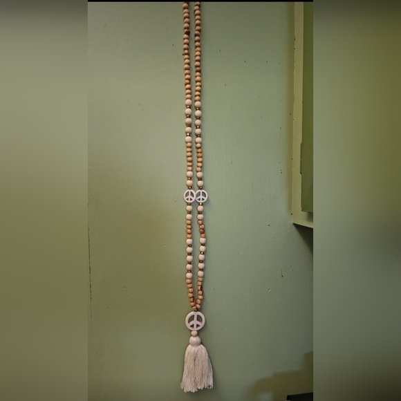 Peace Sign Tassel Wood Beaded Handmade Long Necklace - Picture 7 of 12